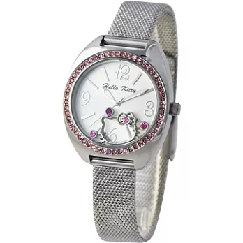 【HELLO KITTY】凱蒂貓移動Kitty星鑽時尚優質個性腕錶 (銀/粉鑽 LK611LWWA-SP)