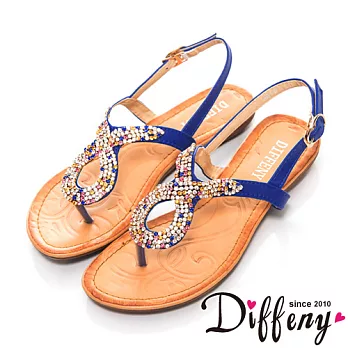 Diffeny 耀眼聚焦 繽紛水鑽平底夾腳涼鞋-藍 36