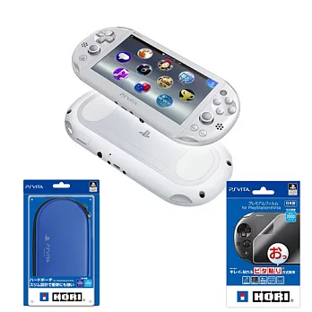 PS Vita 2007 主機 晶瑩白+HORI高級型保護貼+HORI藍色主機硬殼包