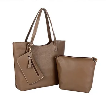 PrincessParty 荔枝紋多功能斜肩皮帶扣真皮韓版手提大包-卡其色