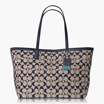 COACH織布雙色皮飾邊手提/肩背托特包_灰色/海軍藍