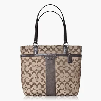 COACH 直條 織布皮飾邊肩背托特包_卡其/咖啡色