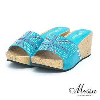 【Messa米莎】(MIT) 英倫氣息亮彩水鑽楔型厚底拖鞋37藍色
