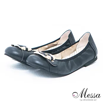 【Messa米莎】(MIT)典雅水鑽大方釦內真皮平底娃娃鞋35黑色