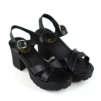 ◤Green Phoenix◥交叉後側扣粗跟涼鞋22.5黑色