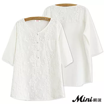 上衣 加大棉麻刺繡圓領五分袖上衣 白色-Mini嚴選-FREE*