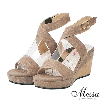 【Messa米莎】(MIT)森林女孩交叉繫踝楔型跟鞋35棕色