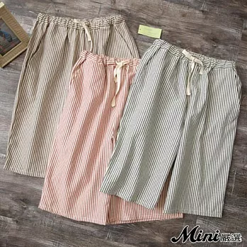 短褲 棉麻條紋五分休閒褲 三色-Mini嚴選-FREE(紅色)