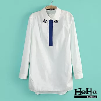 襯衫 個性釘珠翻領長版襯衫 白色-HeHa-S*
