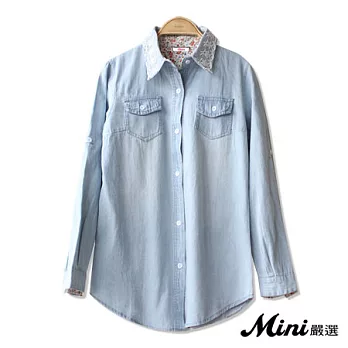 襯衫 蕾絲拼接牛仔長袖襯衫 淺藍-Mini嚴選-FREE*