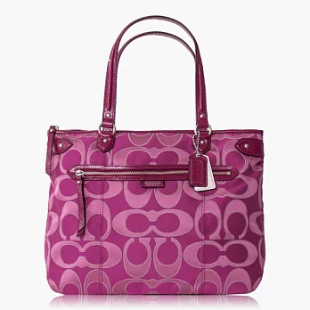 COACH 經典款織布皮飾邊肩背托特包_莓紫色