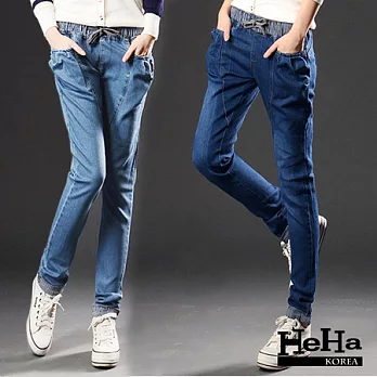 牛仔褲 鬆緊腰休閒哈倫褲牛仔褲 二色-HeHa-28(淺藍)