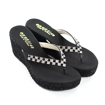 ◤Green Phoenix◥韓系性感蕾絲閃耀晶鑽夾腳厚底楔型拖鞋 22.5黑色