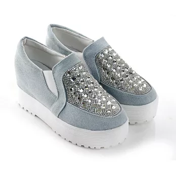 ◤Green Phoenix◥韓版方型水鑽帆布顯瘦厚底增高休閒鞋37藍色