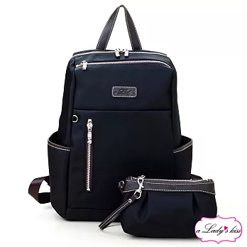 【a Lady ’s真皮】young牛津文青時尚後背包+拉錬包二件組(柔黑)