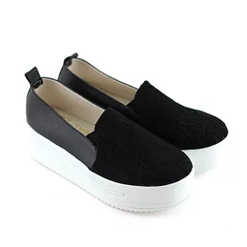 ◤Green Phoenix◥韓版蕾絲質感拼接厚底平底包鞋23.5黑色