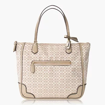 COACH織布亮面皮革飾邊肩包托特包_卡其/金