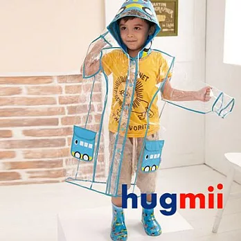 【Hugmii】透明包邊長版造型兒童雨衣_車車M藍色