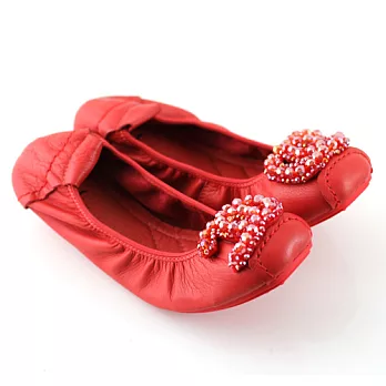 ◤Green Phoenix◥璀璨串珠羊皮束口娃娃鞋35紅色