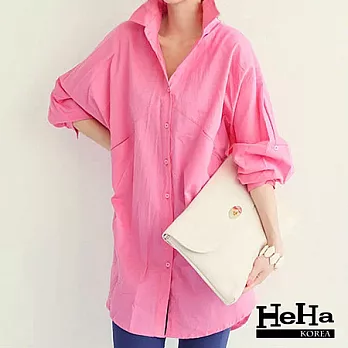 襯衫 韓系棉麻寬鬆蝙蝠袖長版襯衫 桃粉-FREE*