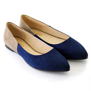 ◤Green Phoenix◥尖頭撞色牛麂皮平底娃娃鞋5.5藍色