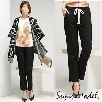【名模衣櫃】韓款時尚棉麻綁帶休閒褲-黑色(M-XXL)M黑