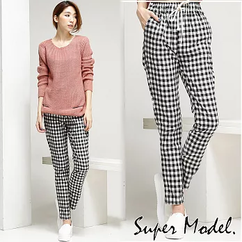【名模衣櫃】韓款時尚棉麻綁帶休閒褲-黑白格紋-M-XXL可選擇M黑白格紋