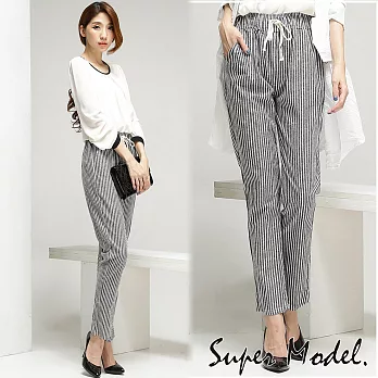 【名模衣櫃】韓款時尚棉麻綁帶休閒褲-黑細直條-M-XXL可選擇M黑細直條