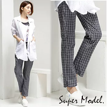 【名模衣櫃】韓款時尚棉麻綁帶休閒褲-藍細方格-M-XXL可選擇M藍細方格
