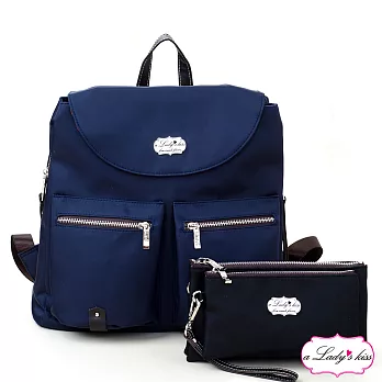 a Lady’s 真皮 安娜雙流蘇掀蓋三隔層後背包二件組(悠藍)