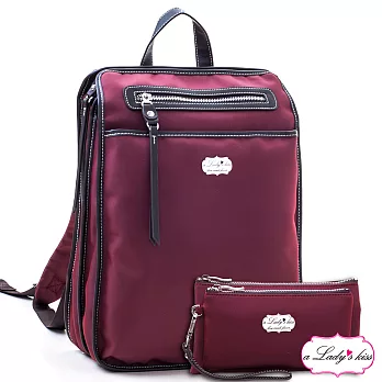 a Lady’s 真皮 斜紋極簡流蘇多隔層後背包二件組(瀲紅)
