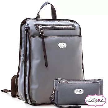 a Lady’s 真皮 斜紋極簡流蘇多隔層後背包二件組(淺灰)