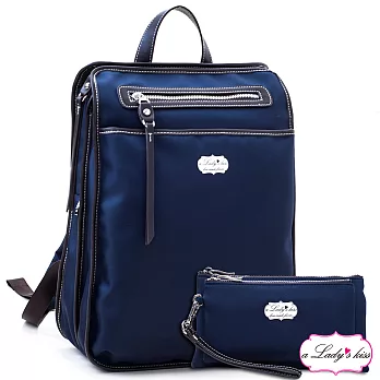 a Lady’s 真皮 斜紋極簡流蘇多隔層後背包二件組(悠藍)
