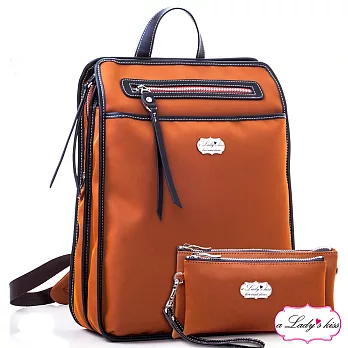 a Lady’s 真皮 斜紋極簡流蘇多隔層後背包二件組(彩橘)
