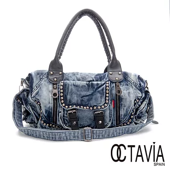 【Octavia 8 真皮】我的世界 牛仔鉚釘圓筒包 - 水洗藍水洗藍