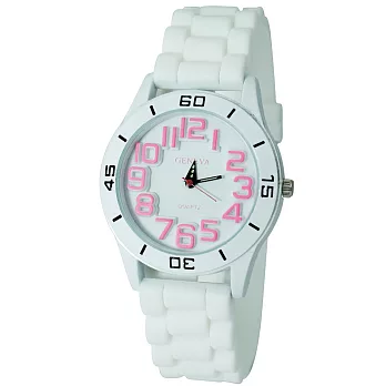 《GENEVA》3929 輕甜馬卡龍 立體錶面膠錶(白色-粉字)