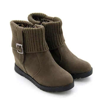 ◤Green Phoenix◥內增高側拉鍊針織反摺扣環短靴37卡其色