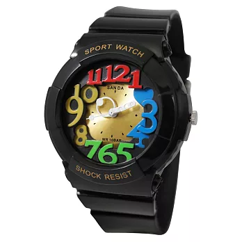 《SANDA》234繽紛年代漾彩指針日式腕錶(黑色-金面)