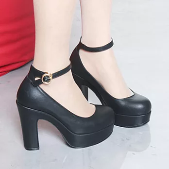 ezwalking{韓國女鞋}圓頭繫踝厚底高跟鞋-黑