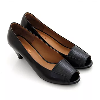 ◤Green Phoenix◥極簡時尚牛皮壓紋魚口低跟鞋5黑色