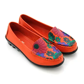 ◤Green Phoenix◥壓花莫卡辛休閒平底鞋36橙色