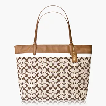 COACH 高質感 織布雙色皮飾邊肩背托特包(大款)_咖/白