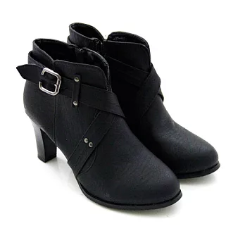 ◤Green Phoenix◥個性皮帶扣飾側拉鍊高跟裸靴36黑色