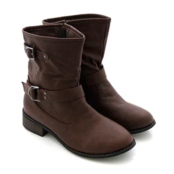 ◤Green Phoenix◥率性環釦圍繞低跟中筒靴36咖啡