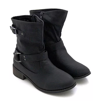 ◤Green Phoenix◥率性環釦圍繞低跟中筒靴36黑色