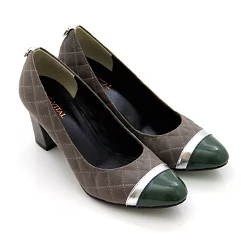 BIS-VITAL 經典香奈兒款撞色菱格紋方跟高跟鞋35綠色