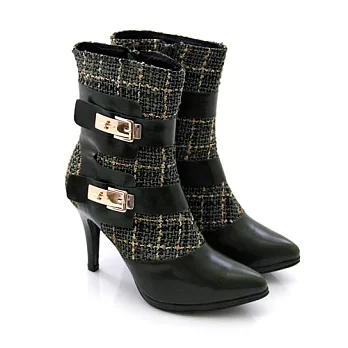 BIS-VITAL 進口油蠟皮革拼接菱格針織香奈兒款高跟短靴35深綠