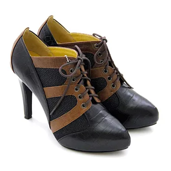 BIS-VITAL 時尚風範進口小羊皮壓紋拼接異材質撞色綁帶尖頭高跟踝靴35黑色