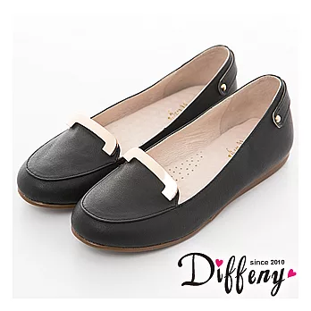 Diffeny 法式戀曲 簡約俐落金飾舒適平底鞋-黑 23
