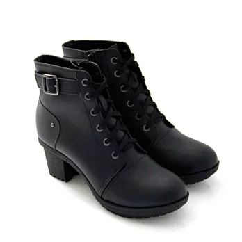 Green Phoenix個性綁帶側拉鍊高跟機車短靴馬丁靴23黑色